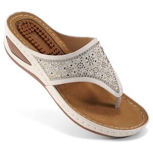 Ecetana Womens Sandals Size 8 EU 39 White Embellished Gold Tone